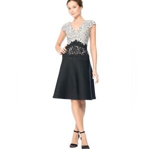 Tadashi Shoji Contrast Lace and Pintuck Neoprene Black White Gray Dress